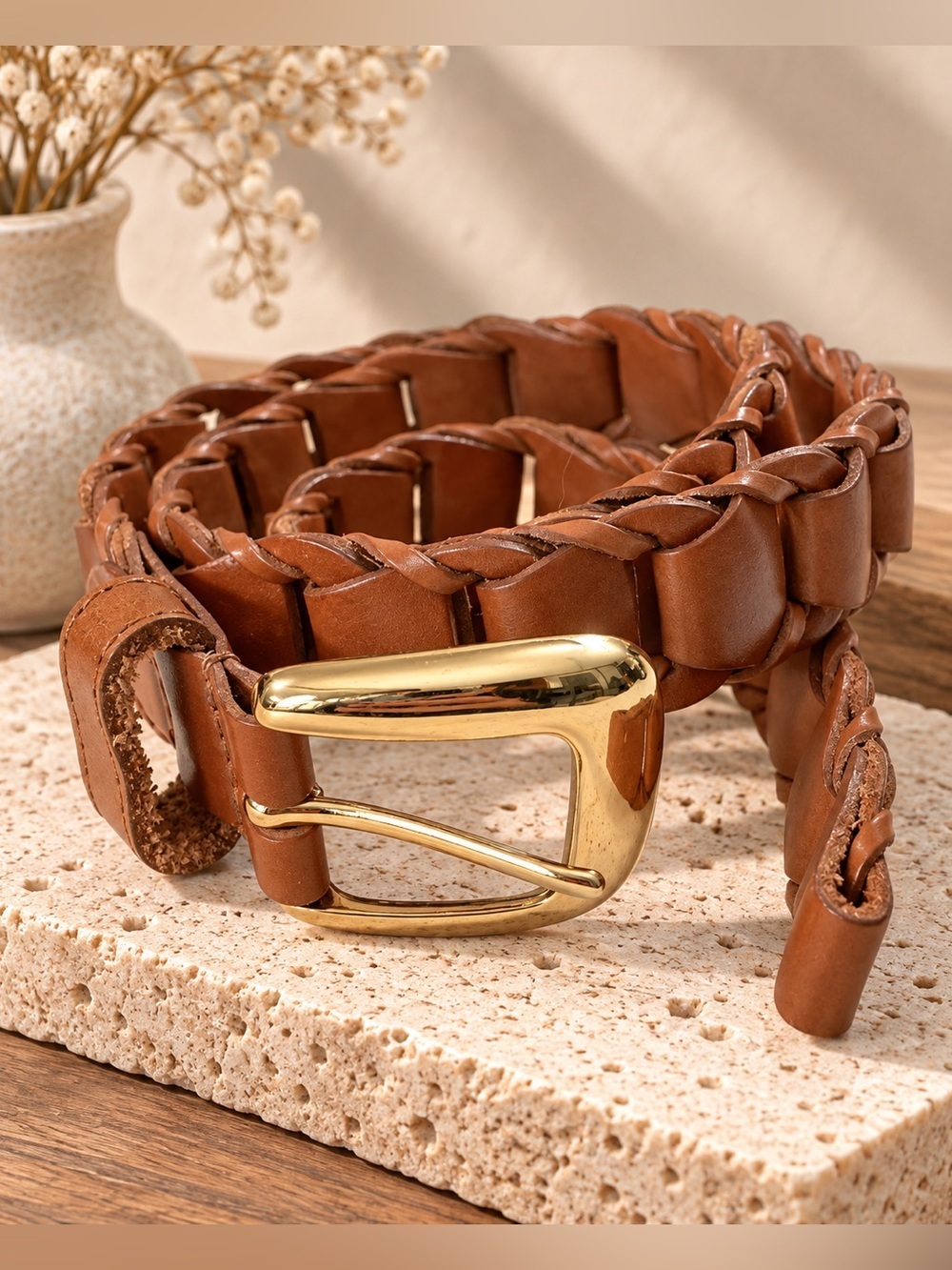 Genuine Leather Tan Brown Woven Braided Waist Belt Gold Buckle Sz S/M Chain Link